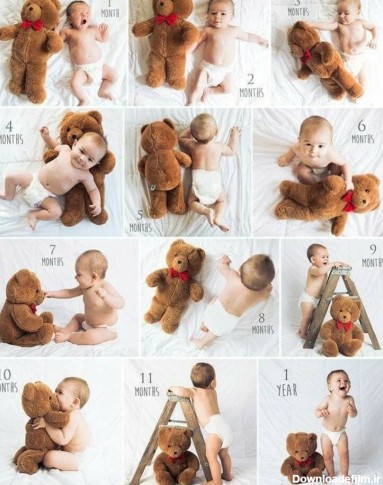 ایده عکس ماهگرد نوزاد در منزل با استفاده از عروسک‌ خرس