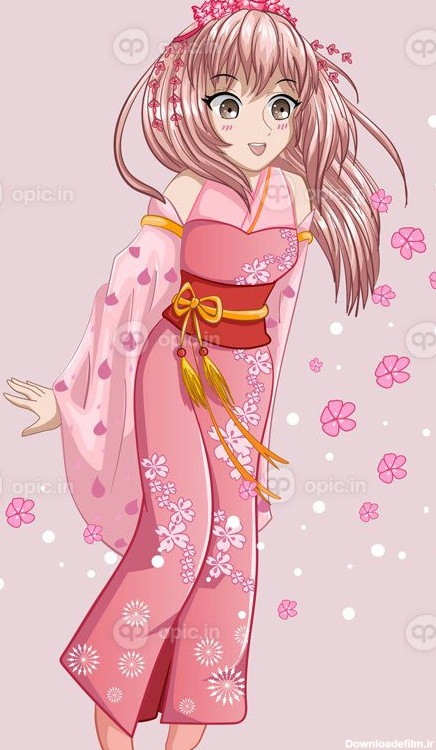 وکتور انیمه دختر ژاپنی مو بلند صورتی زیبا با کیمونوی صورتی با ...