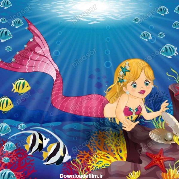 وکتور پری دریایی و حیوانات دریایی - وکتور تصویر سازی کارتونی پری دریایی و دنیای زیر آب