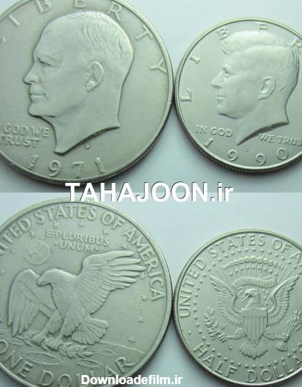 2 سکه قدیمی نیم دلار 1990 و یک دلار 1971 آمریکا