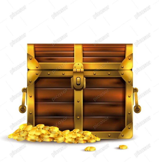 وکتور صندوقچه گنج بسته با سکه های طلا » پیکاسور