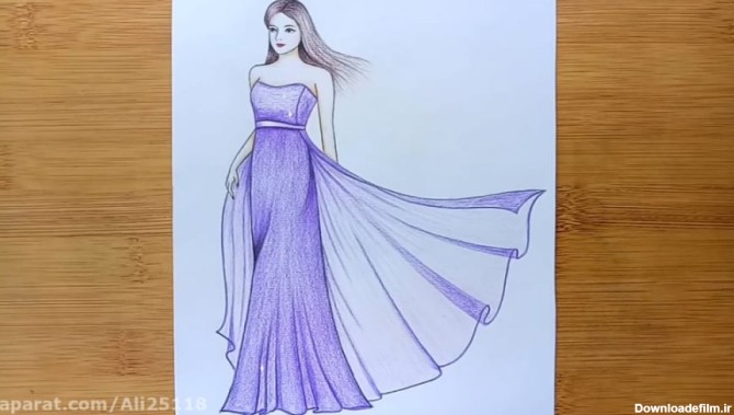 نحوه کشیدن یک دختر با لباس زیبا به صورت گام به گام:طراحی با مداد