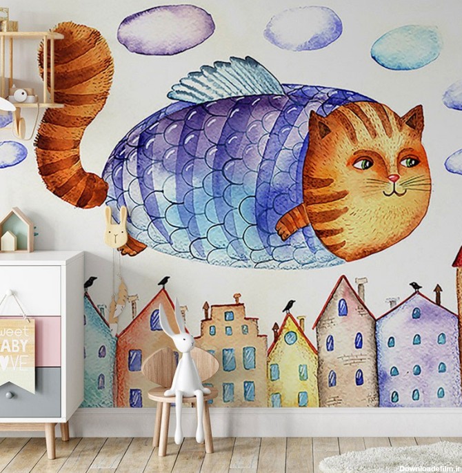قیمت و خرید پوستر دیواری کودک گربه ماهی مهربان مدل BKW107 | بومرنگ