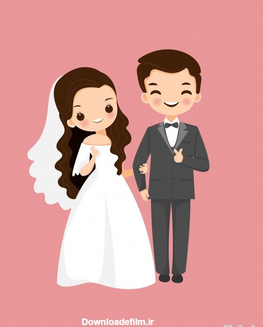 تصویر کارتونی عروس و داماد شاد مناسب دیزاین کارت دعوت عروسی | باک