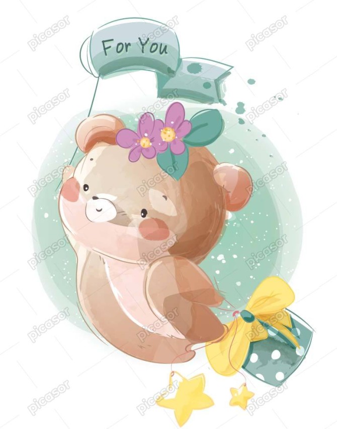 وکتور نقاشی خرس کوچولو با جعبه هدیه در حال پرواز در آسمان ...
