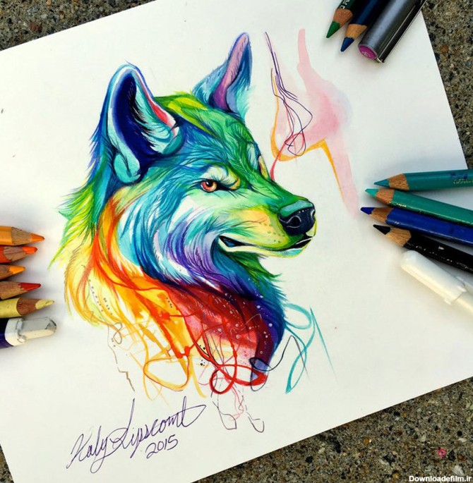حیوانات وحشی روان با مداد رنگی و ماژیک