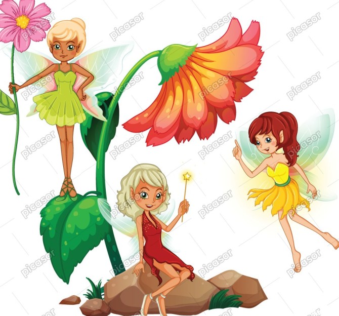 3 وکتور فرشته و پری کارتونی با گل های رنگی » پیکاسور