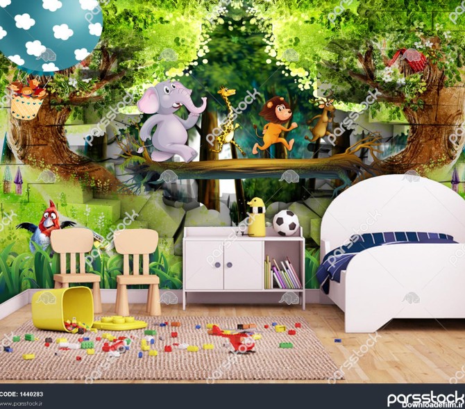 پوستر دیواری سه بعدی حیوانات کارتونی در خانه ی درختی 1440283