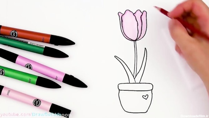 آموزش نقاشی - یک شاخه گل لاله صورتی داخل گلدان سفالی