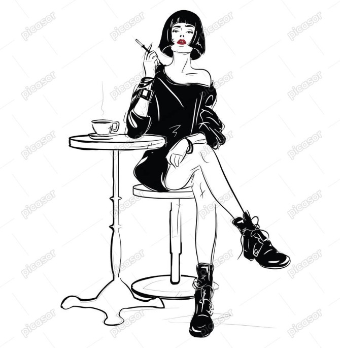 وکتور زن جوان فشن در حال سیگار کشیدن روی صندلی با فنجان قهوه » پیکاسور