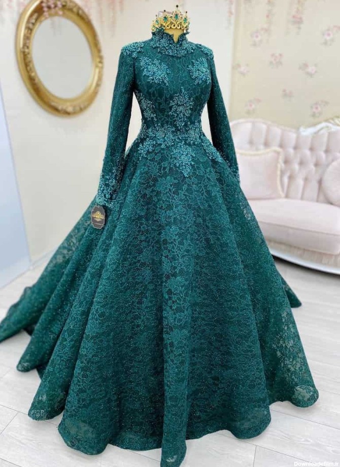 لباس عروس سبز؛ مدل پوشیده باز جنس ژکارد ساتن USA - آراد برندینگ