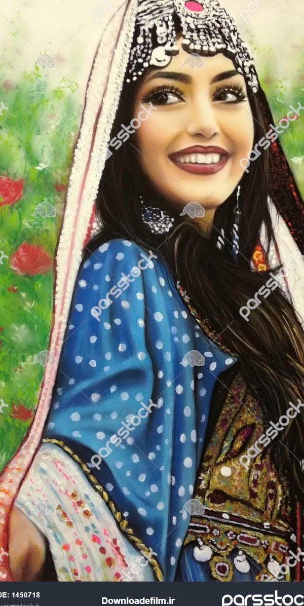 دختر شرقی با لباس محلی ایرانی و موهای مشکی زیبا نقاشی 1450718