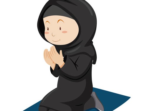وکتور لایه باز با طرح گرافیکی دختر مسلمان در حال راز و نیاز بر سجاده نماز