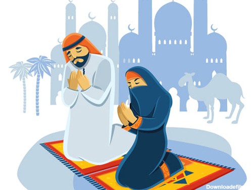 دانلود فایل وکتور لایه باز بکگراند با طرح زن و مرد در حال خواندن نماز