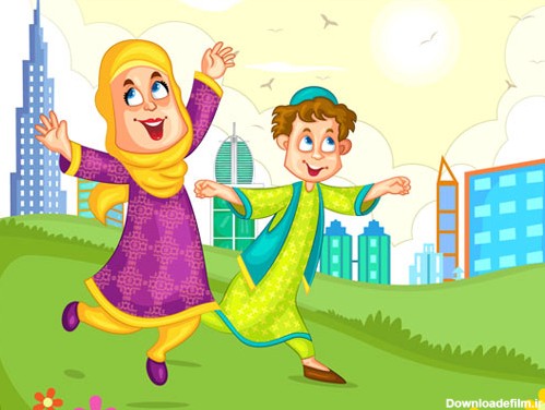 وکتور لایه باز گرافیکی با طرح دختر و پسر مسلمان شاد