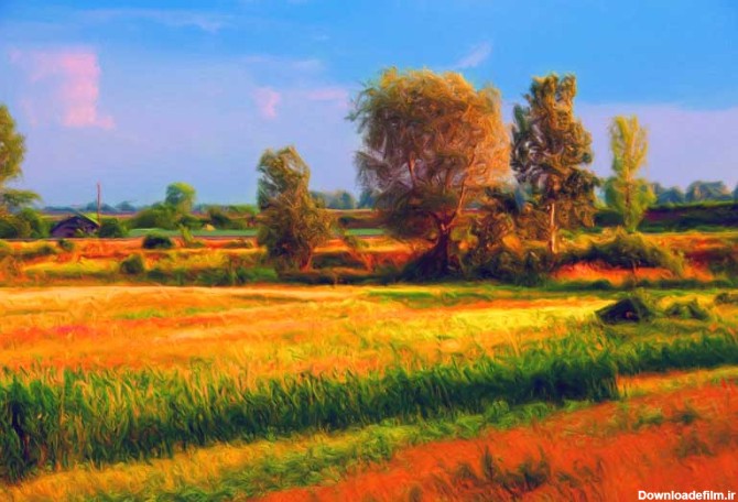 دانلود تصویر نقاشی درختان و مزرعه