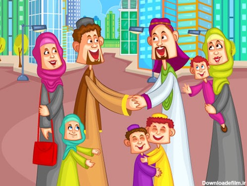 دانلود وکتور لایه باز کارتونی با طرح ملاقات دو خانواده مسلمان