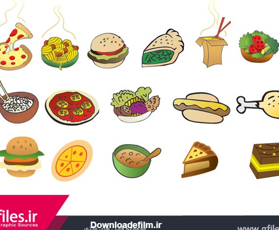 وکتور کارتونی مجموعه غذاهای متنوع (پیتزا ، سوپ ، همبرگر ، برنج و ...)