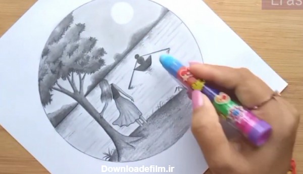 آموزش نقاشی سیاه قلم / طراحی منظره ماه و دختر تنها