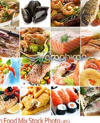 تصاویر استوک انواع غذاهای دریایی شامل ماهی، میگو، صدف و غیره