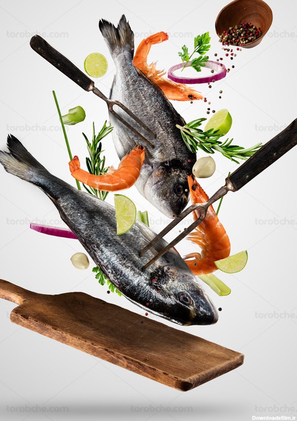 عکس با کیفیت طبخ غذاهای دریایی ماهی و میگو - گرافیک با طعم تربچه