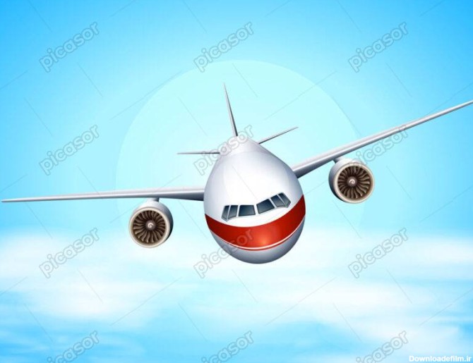 وکتور پس زمینه هواپیمای مسافربری از روبرو در آسمان - وکتور هواپیما در حال پرواز با زمینه آسمان آبی