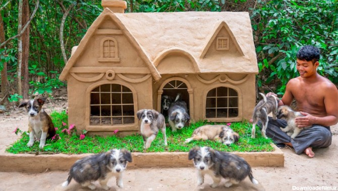 ساخت یک خانه زیبا با گل و چوب برای توله سگها | (لانه های دست ساز 49)