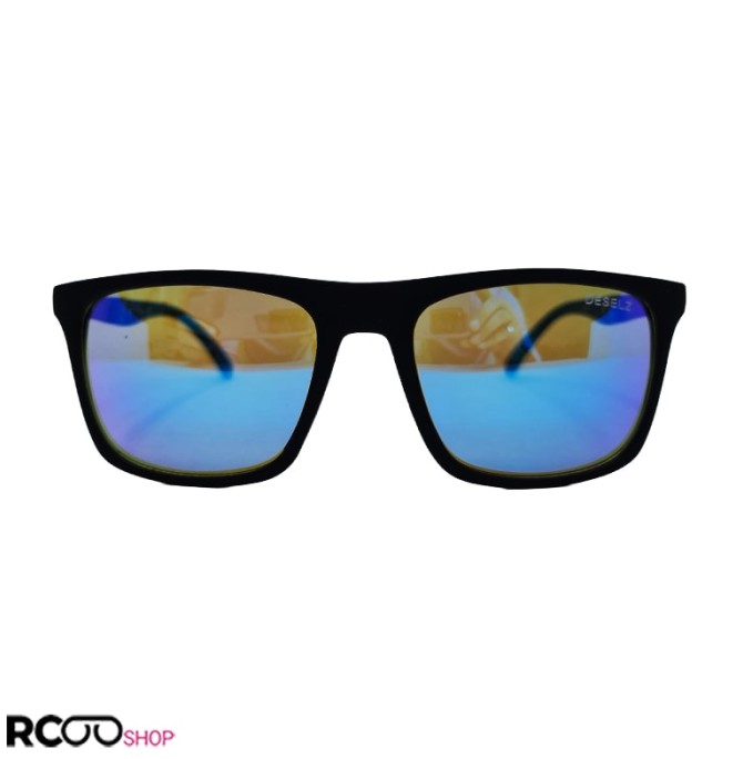 خرید عینک آفتابی آینه ای آبی، با فریم مشکی مات و دسته چوبی مدل ...