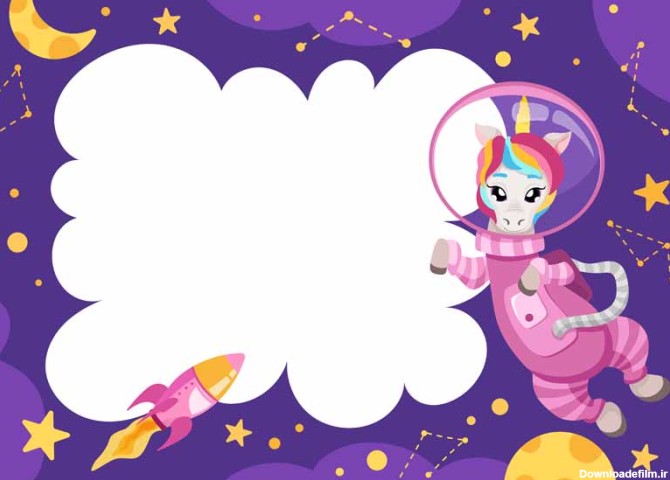 طرح لایه باز پس زمینه کارتونی اسب تکشاخ فضانورد