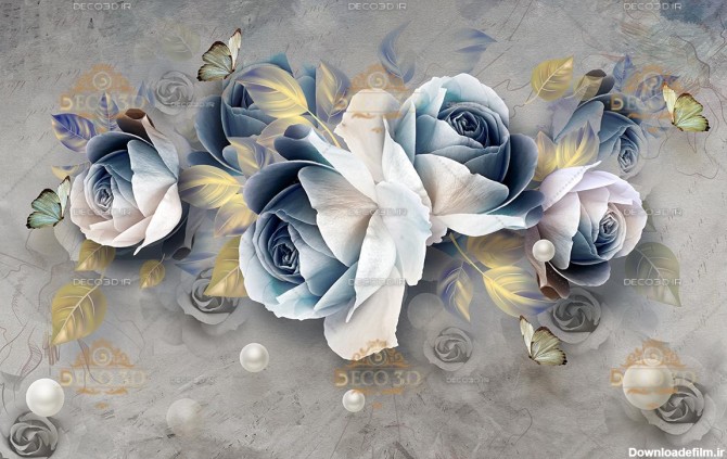 گلهای رز سفید و آبی و پروانه های زیبا