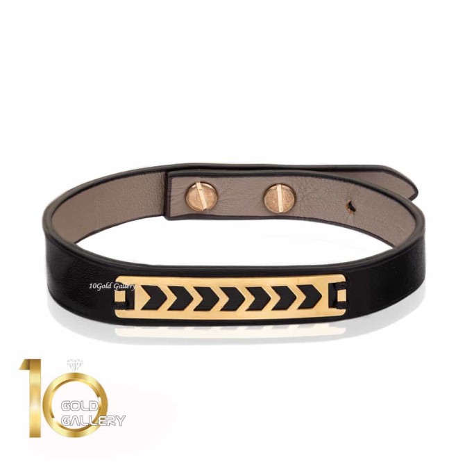 دستبند چرم مردانه با پلاک طلا کد MB155 | 10 گلد گالری