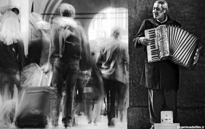 عکس سیاه و سفید از نوازنده‌ای خیابانی