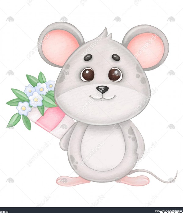 موش کوچولو با یک دسته گل تصویر آبرنگ برای روز ولنتاین یا تولد 1593843