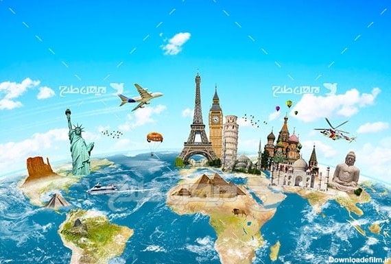 تصویر مسافرت و گردشگری و مکان های گردشگری بر روی نقشه کره زمین