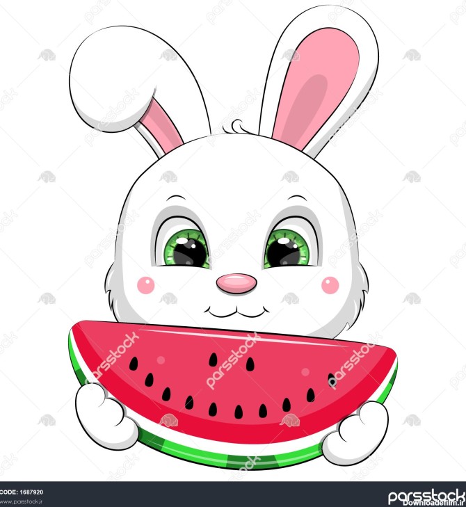 خرگوش سفید کارتونی زیبا که هندوانه ای در دست دارد تصویر ...