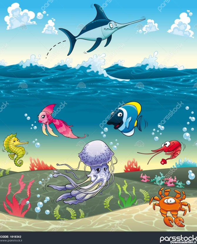 زیر دریا با ماهی و حیوانات دیگر کارتون خنده دار و وکتور 1018342