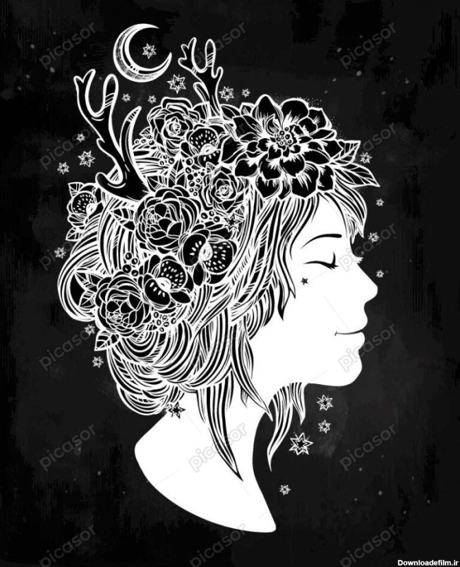 وکتور زن جوان با تاج گل و ماه طرح سیاه سفید - وکتور تصویرسازی هنری از صورت زن جوان با تاج گل وکتور چهره زن جوان