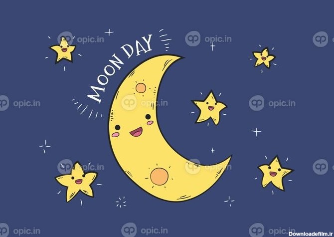 دانلود وکتور تصویر دستی ماه با ستاره و آسمان آبی | اوپیک