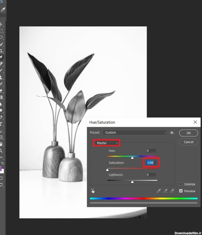 ابزار تنظیم Hue/Saturation تبدیل عکس رنگی به سیاه و سفید در فتوشاپ