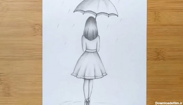 آموزش نقاشی سیاه قلم دختر و چتر