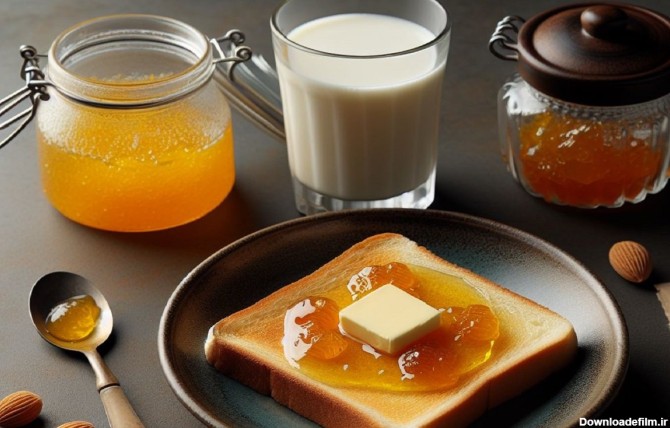 مقداری مربای بهار نارنج درون ظرف شیشه ای روی میز صبحانه در کنار شیر و کره و نان تست است