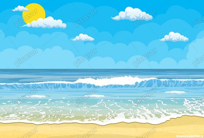 وکتور پس زمینه ساحل و دریا از نمای روبرو در ظهر آفتابی صاف با ...