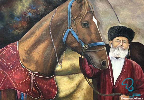تابلو رنگ روغن سنتی طرح اسب ترکمن - مداد آبی