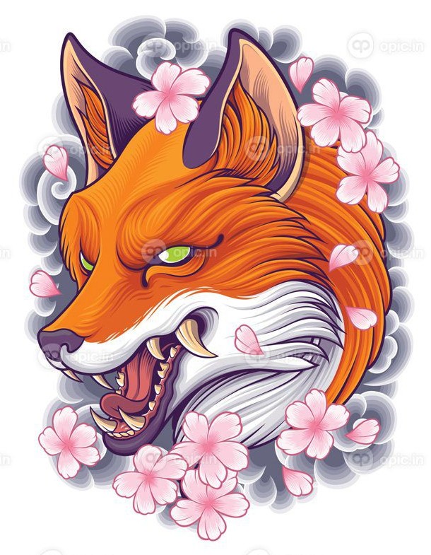 تصویر برداری سر روباه با پس زمینه هنر خال کوبی ژاپنی | اوپیک