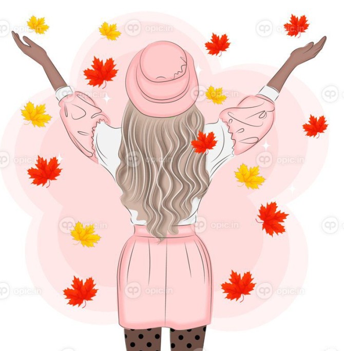 تصویر وکتور مد دختر پوستر با کلاه و برگ های پاییزی | اوپیک