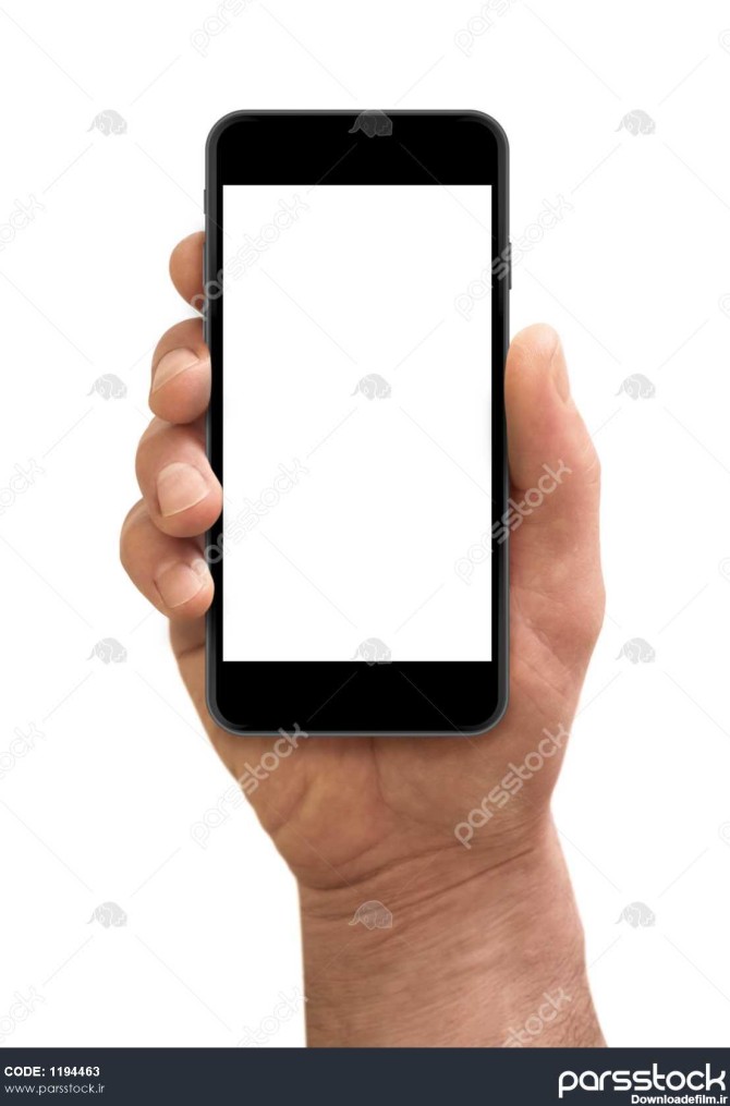 دست مردی که گوشی هوشمند را با صفحه نمایش خالی جدا شده روی ...