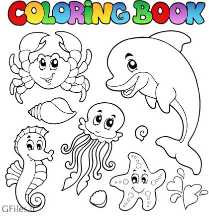 دانلود وکتور لایه باز مجموعه کاراکترهای کارتونی موجودات دریایی مناسب برای کتاب رنگ آمیزی کودک