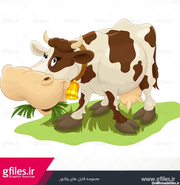 دانلود فایل شخصیت کارتونی وکتور علف خوردن گاو شیرده سفید و قهوه ای ...