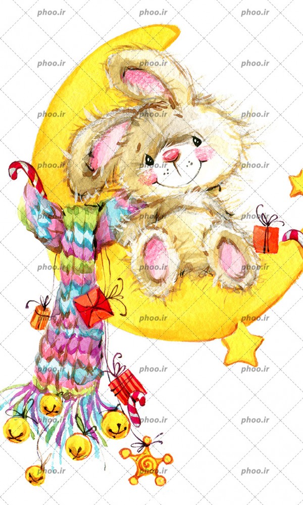 عکس کودکانه کارتونی خرگوش زرد نشسته روی ماه در جشن کریسمس – عکس با ...