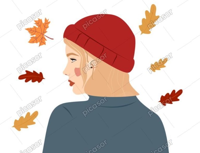 وکتور دختر جوان از پشت سر با کلاه قرمز در پاییز